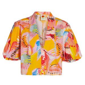 Farm Rio Neon Macaws Collar Puff-Sleeve Blouse
